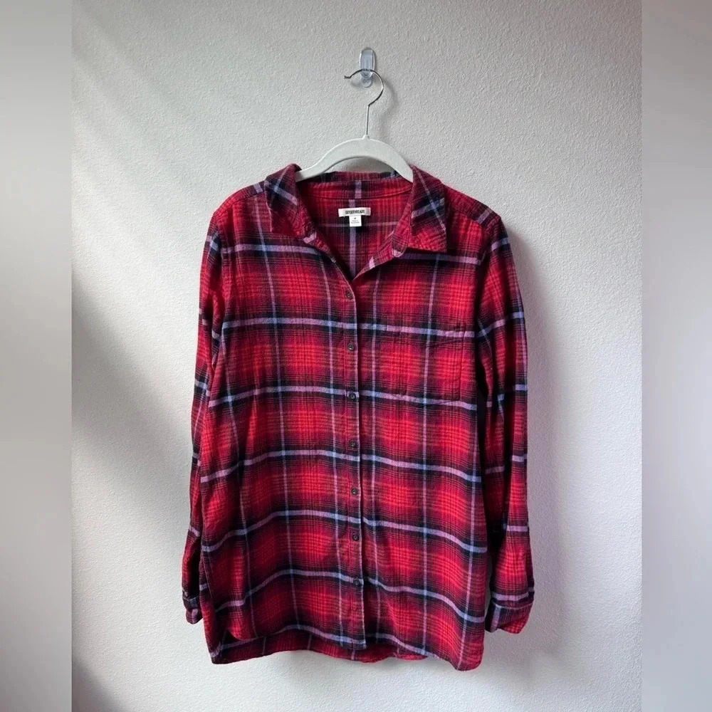 Goodthreads Plaid Flannel Button-Down - red, blue, and purple, size M